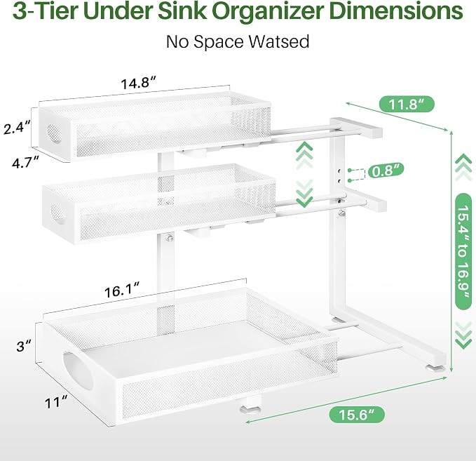 Kitstorack Under Sink Organizer 3-Tier Slide Out Drawer for Bathroom 1-Pack | Height Adjustable, Metal Mesh Storage Rack, Pull out Cabinet Organizer Shelf for Kitchen Pantry Home Laundry Organization