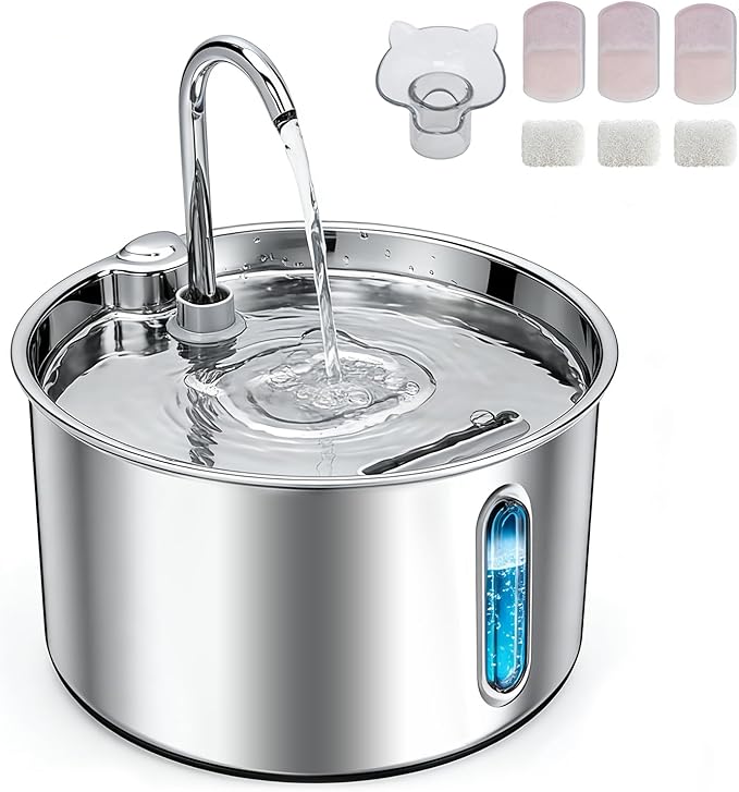 Stainless Steel Cat Water Fountain, 74oz/2.2L Automatic Pet Water Dispenser with 3 Filters & 2 Water Outlets, Quiet Indoor Drinking Fountain for Cats Small Dogs, Water Level Window