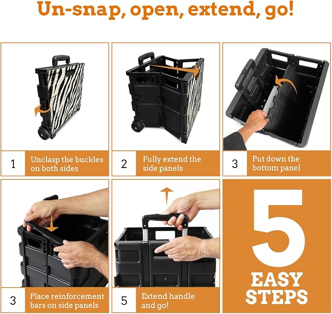 Ultra-Slim Rolling Collapsible Storage Pack-N-Roll Utility-carts, with Telescopic Handle, for Home, Garden, Shopping, Office, School use, Large, Zebra