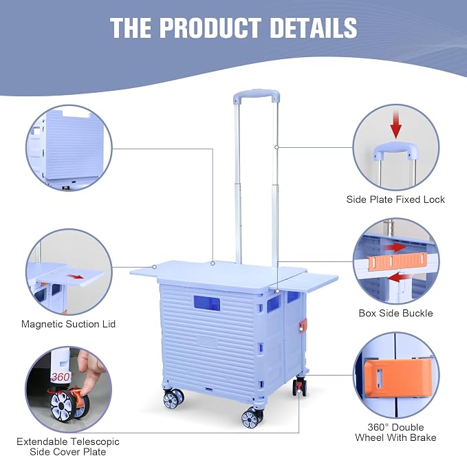 Foldable Utility Cart Folding Portable Rolling Crate with Magnetic Extended Lid,360°Rotate Wheels,176LBS Load Capacity,Heavy Duty Durable Dolly Cart for Teacher Tourist Shopping Office Outdoor