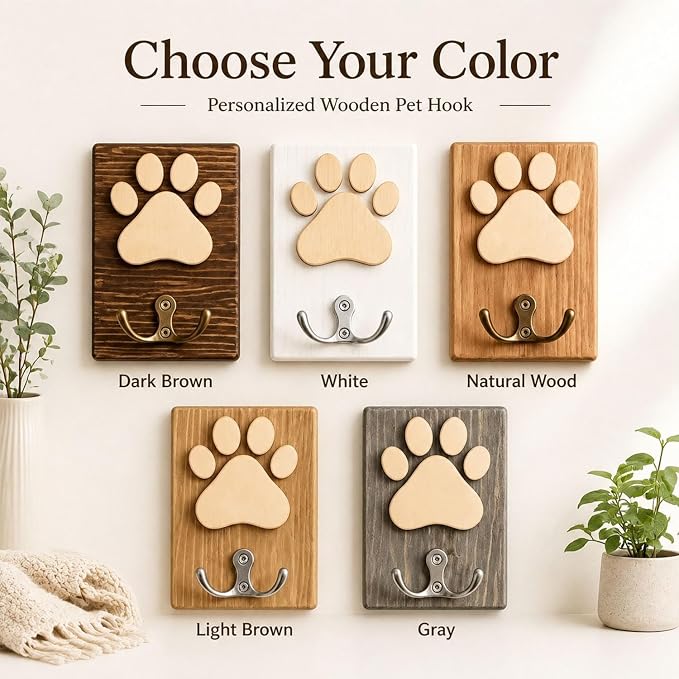 Personalised Engraved Dog Lead Holder Paw Print Hook Plaque For Keys & Gift | Custom Pet Leashes Organizer Cute Wooden Dog Leash Holder and Dog Lead Hook with Engraved Pet Name for Women