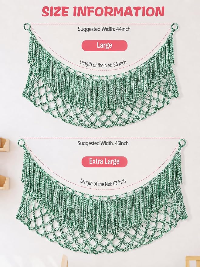 Stuffed Animal Hammock - Extra Large 63'' Long (Green-White) | Premium Cotton Hand-knitted, Beautiful Long Tassel, Storage Hanging Organizer, Can Fit Stuffed Animals 40 Piece or More