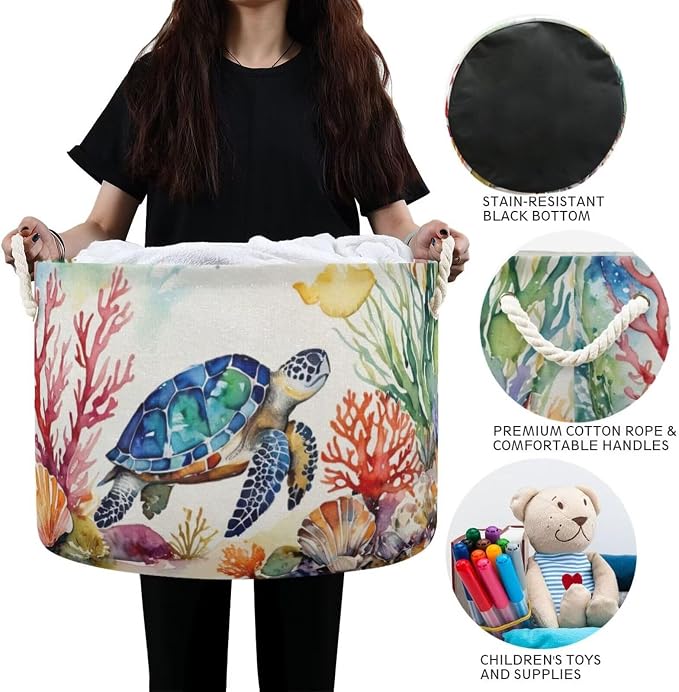 Sea Turtle Print Collapsible Round Storage Basket with Handles | Ocean Coral Seashells Large Laundry Baskets Hamper, Clothes Organizer Bin for Bedroom Living Room Decor, 20x 20x 14 Inches