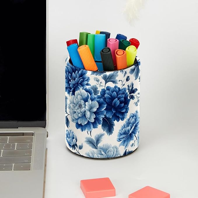Faux Leather Pen Holder for Desk, Pencil Organizer Blue Flowers Pen Cup Desk Decor Makeup Brush Holder Storage for Office Home