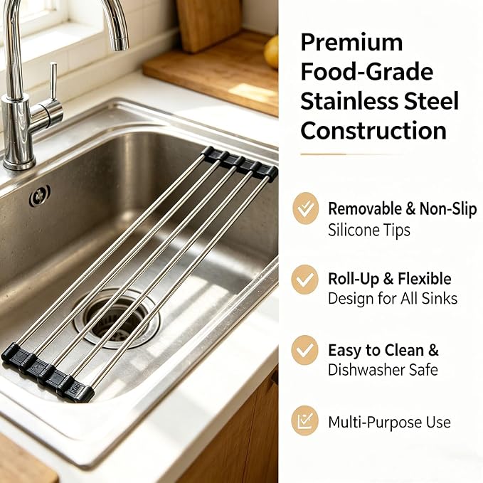 Ahyuan Roll up Dish Drying Rack Over The Sink Kitchen Roll up Sink Drying Rack Portable Dish Drainer Foldable Dish Drying Rack (Black, 17.8''X3.7'')