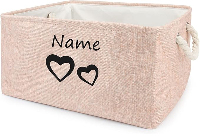 Personalized Dog Toy Storage Basket Bin Collapsible Customized Pet's Name Storage, Organizer for Dog Toys、Clothing、Apparel & Accessories with Box Heart Print (Pink-M)