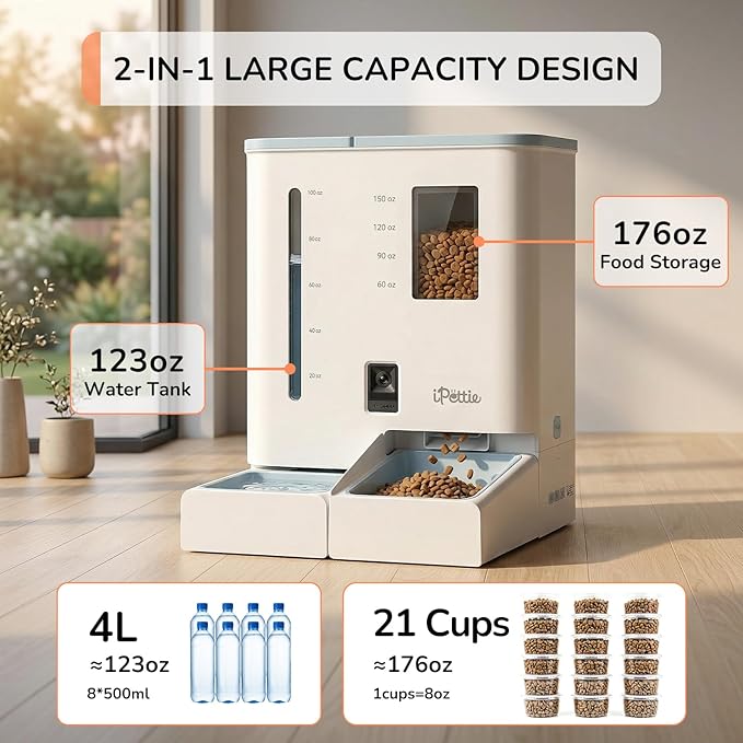 iPettie FW54 Camera Version Automatic Cat Feeder and Water Dispenser, 5G/2.4GHz WiFi App Control, 2K HD Video with Night Vision, Replaceable Water Filter, 300oz Large Capacity for 2 Weeks