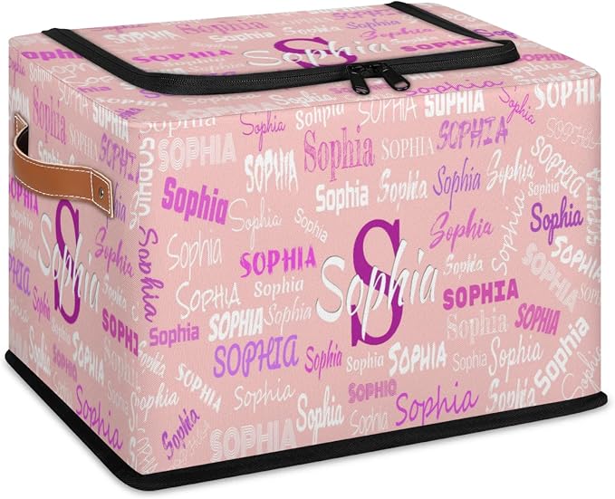 Personalized Kids Toy Box with Name, Custom Nursery Baskets Cubes Box with Zipper Lid, Kids Custom Storage Basket Laundry Baskets Organizer with Handles, Pale Pink Background Colorful Names