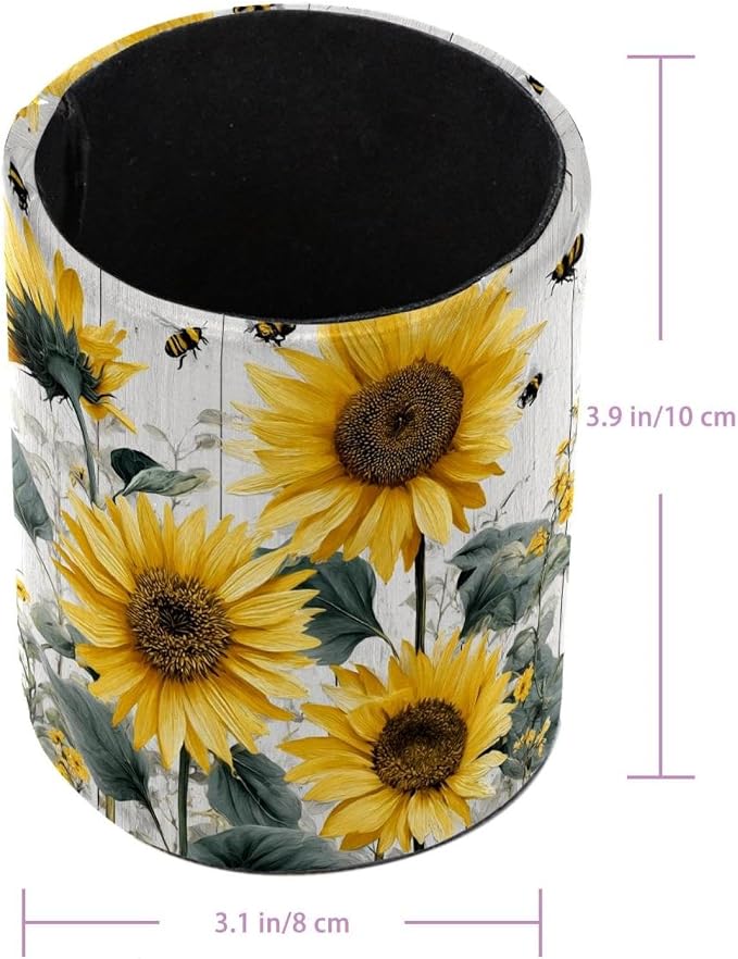 Faux Leather Pen Holder for Desk, Pencil Organizer Retro Wooden Board Sunflowers Pen Cup Desk Decor Makeup Brush Holder Storage for Office Home