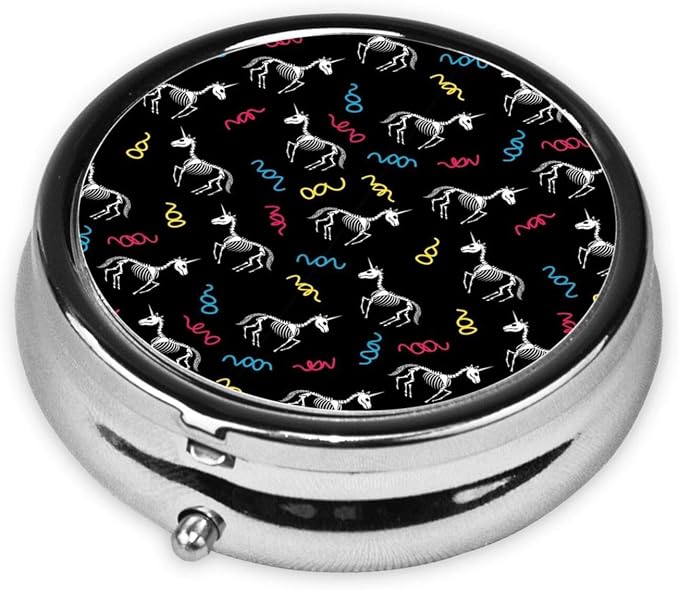 Compact Pill Case, Metal Round Holder for Supplements, Purse Pocket Organizer Travel Essential, Happy Halloween Unicorn Skull Skeletons