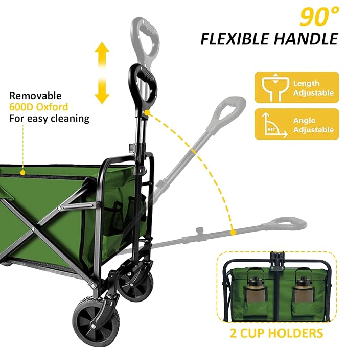 Foldable Wagon Cart, Collapsible Wagon Cart with Heavy Duty Wheels, 220Ibs Portable Folding Utility Wagon for Groceries, Beach, Camping, Outdoor Activities, Green