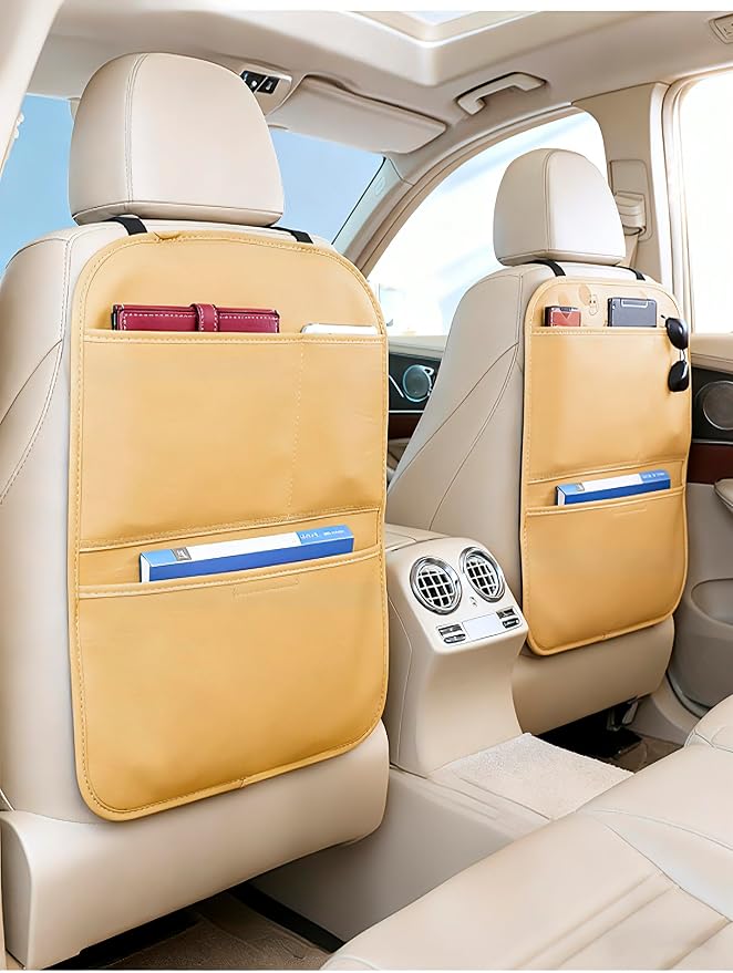 Kick Mat Back Seat Protector， Waterproof Leather Car Seat Back Organizers Cover with 3 Storage Pockets for Kids Pets SUV Sedan Minivan Truck Car Travel Accessories (Cayenne Yellow 2-pack)