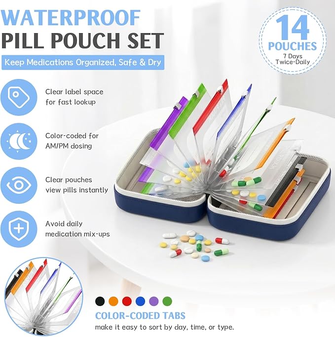 A8 Weekly Waterproof Pill Pouch Set, Reusable Weekly Pill Organizer with 14 Coded AM PM Pouches, Compact Portable Vitamin Supplement Storage Case for Travel Purse Daily Use