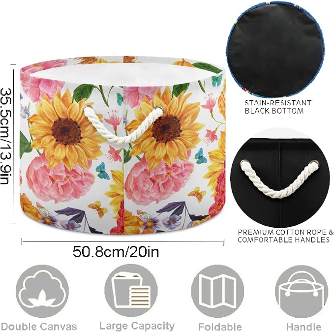 visesunny Storage Basket Sunflower Pink Nursery Hamper Basket Clothes Toy Storage Organizer Bin Box Collapsible Laundry Bag for Kid Room,Playroom,Bathroom,Living Room,Dorm,Office