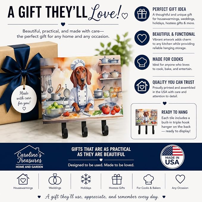 Caroline's Treasures Redbone Coonhound The Chef Leash or Key Holder Wall Hooks, Key Hooks Holder, Coat Rack Wall Mount, Coat Hooks, Hooks for Hanging Keys, Towels, Aprons, Leashes | Redbone Coonhound The Chef artwork on ceramic tile with three steel ho...