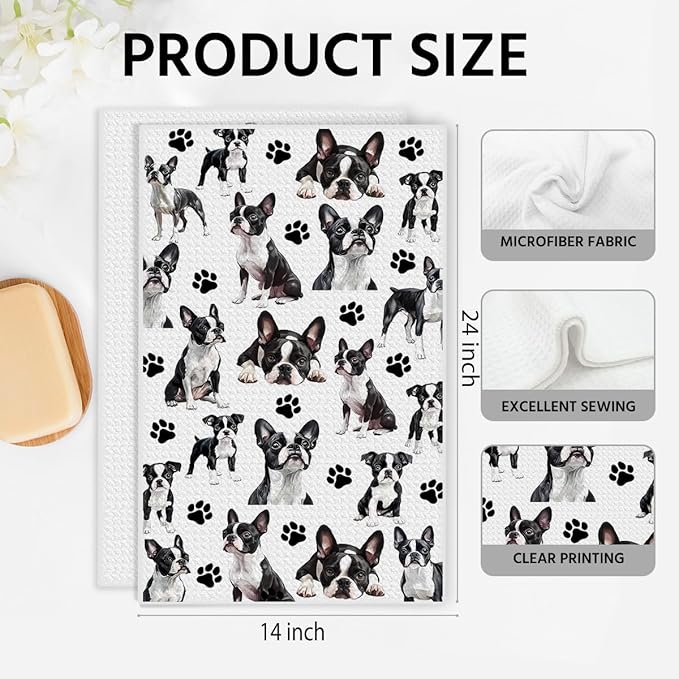 Boston Terrier Waffle Weave Kitchen Towels, Quick Dry Multipurpose Hand Towels for Bathroom, Absorbent Reusable Cloth Tea Dish Towels for Home Decor, Dog Lover Gift Towel Set of 2