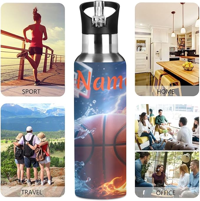 Custom Name Basketball Fire Lightning Water Bottle with Straw Lid Kids Insulated Stainless Steel Water Flask Sports, 20 Oz Hot Cold