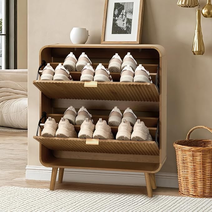 31.5" Fluted Shoe Cabinet with 2 Flip Drawers, Slim Freestanding Shoe Cabinet Organizer, Narrow Shoes Storage Rack for Entryway, Walnut