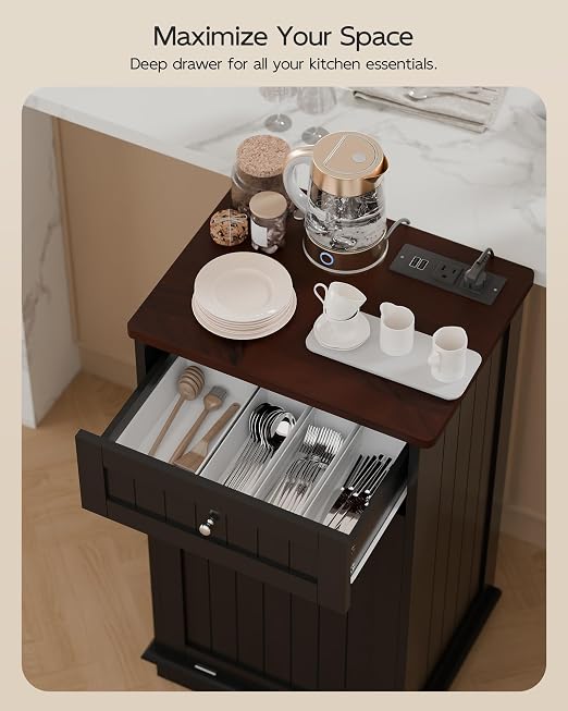Betterhood Single Tilt Out Trash Cabinet with Power Outlet, Wooden Hidden Garbage Can Holder with a Big Storage Drawers for Kitchen, Living Room, Laundry, Black