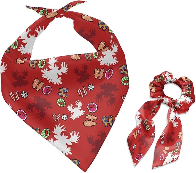 COEQINE Christmas Dog Bandanas Slip Over Collar with Red Bow Hair Tie for Women Dog Accessories Cute Xmas Deer Hohoho Red Pattern Pet and Owner Matching Outfits