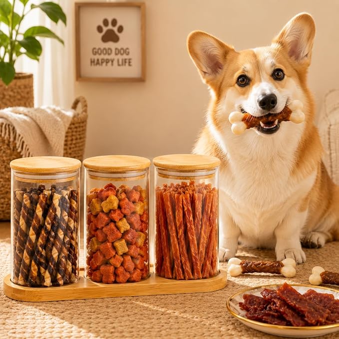 Dog Treat Jar-Dog Treat Container-with 3 Glass Jars and1bambootray,Fashionable Treat Containers with Lids for Pets-Cat Treat Container Glass & Bamboo Combo Set,for Cat Dog Treat Organizer(3 * 25oz)