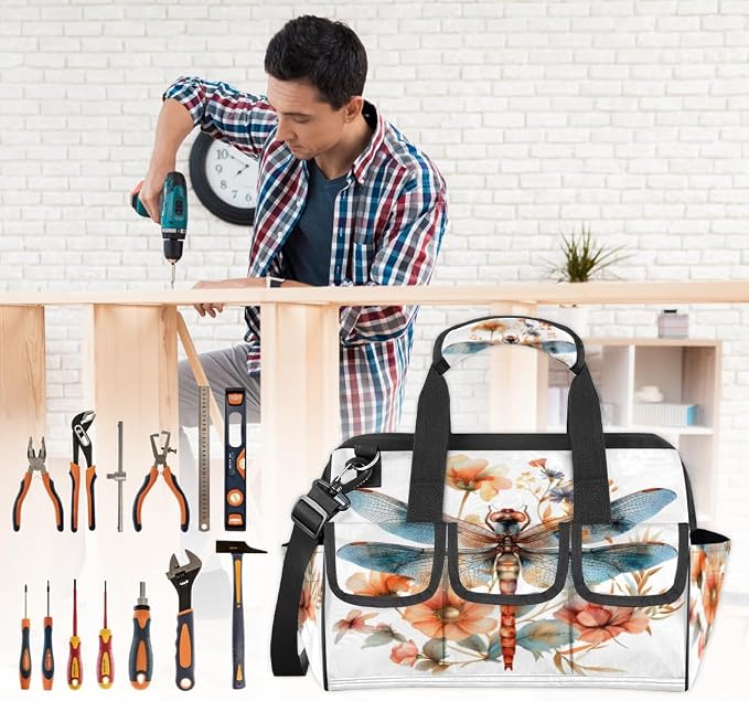 Flower Dragonfly Heavy Duty Tool Bag 14.8 Inch Floral Dragonflies Portable Soft Tool Box Organizer Storage with Adjustable Shoulder Strap