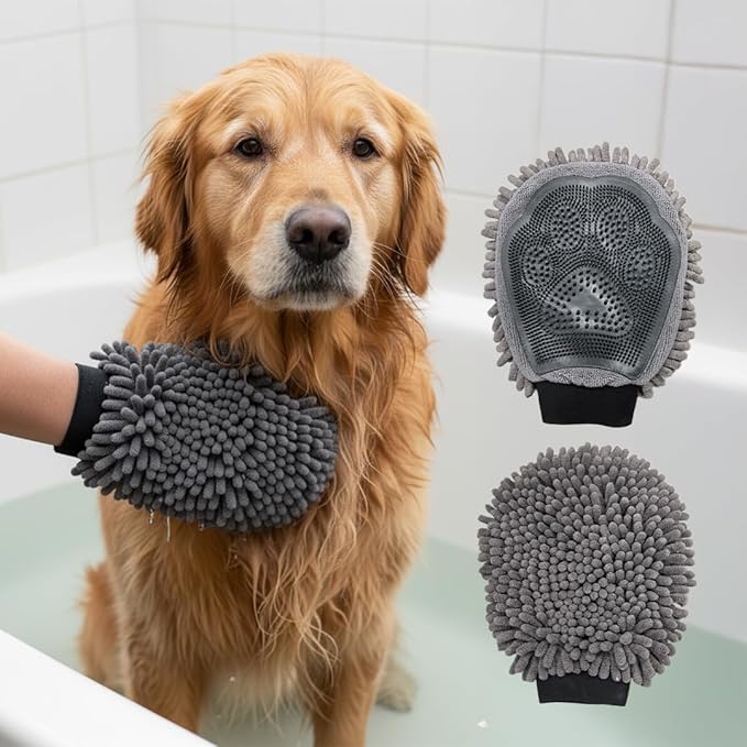 Muddy Mat® Dog Washing Gloves – Dual-Sided Pet Grooming Mitt with TPR Brush & Chenille Microfiber – Dog Wash Mitt for Bathing, Drying & Dirt Removal – Pet Bath Gloves for All Coat Types