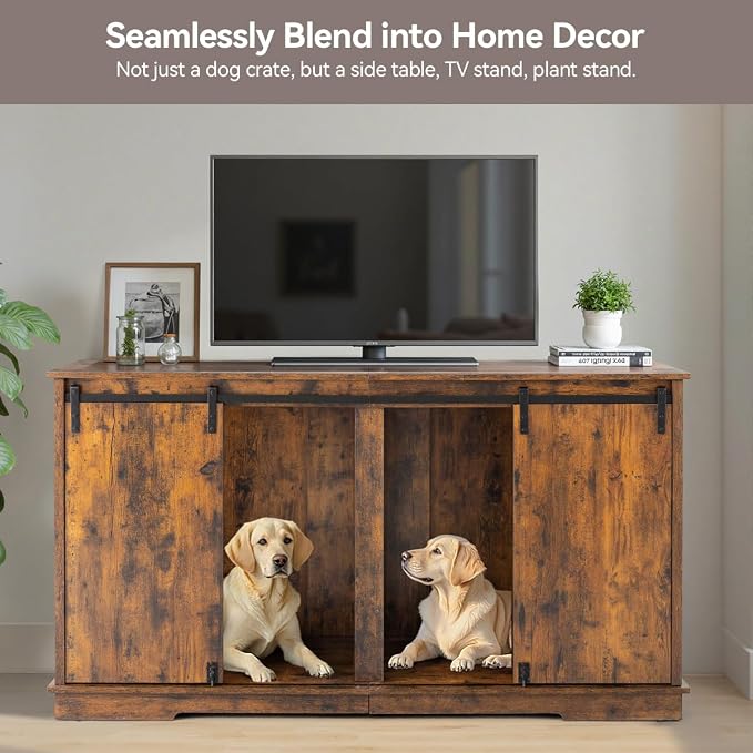 Dog Crate Furniture for 2 Dogs, 60.6 inch Extra Large Wooden Dog Kennel Furniture with Removable Divider and Double Sliding Doors, TV Stand, Side Table, Brown