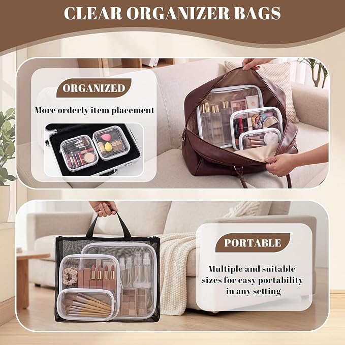 15 Pack Clear Hard Shell Zipper Case with 40 Labels, X-Large/Medium/Small Stackable Clear Pouches, Crush-resistant Travel Toiletry Bag Organizer for Makeup Board Games Electronics (White)