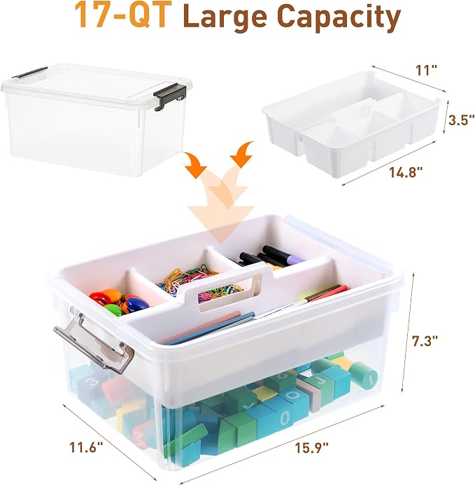Citylife 17 QT Clear Craft Organizers and Storage Box with Handled Tray | Stackable Art Supply Organizer Storage Bins with Lids for Craft, Beads, Markers, Sewing, Tools, Playdoh, Coloring Books,