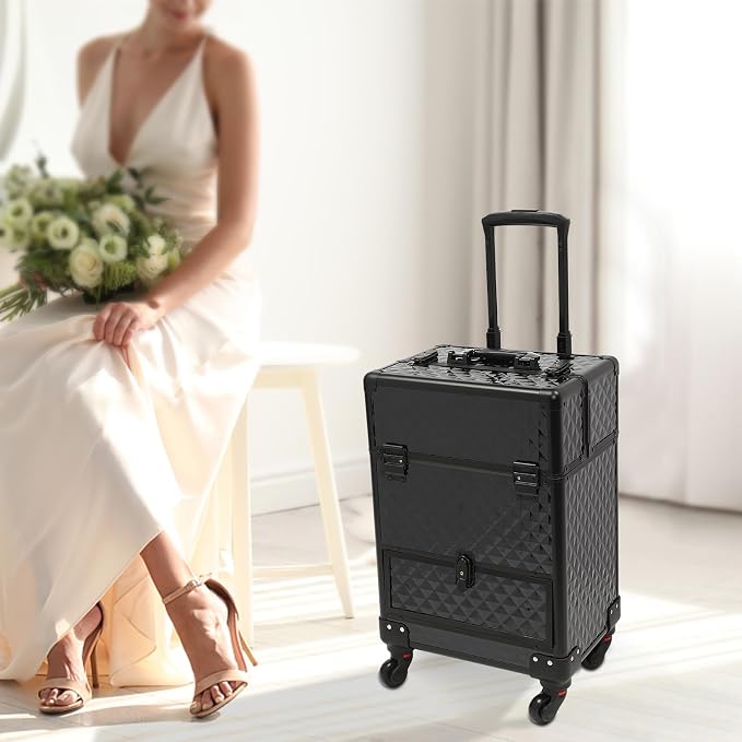 Makeup Rolling Case, Professional Rolling Nail Case Wheeled Manicure Storage Case Polish Organizer w/ Universal Wheels, Portable Adjustable Studio Travel Cart for Nail Technicians Hairstylist (Black)