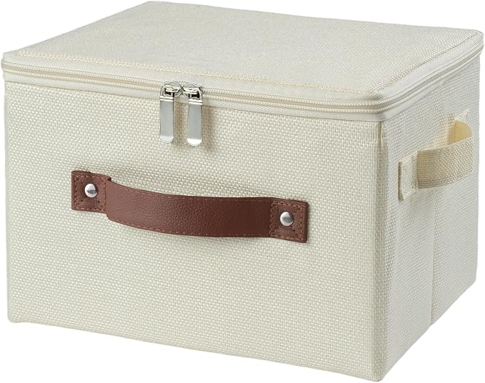 Storage Bins with Zipper Lid Decorative Lidded Box Fabric Baskets | Cotton Linen Fabric Boxes, Collapsible Shelf Closet Organizer Container, PU Leather Handle, Stackable Washable(Beige, Small)