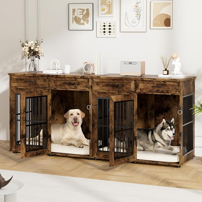 VOWNER 87" Dog Crate Furniture for 2 Dogs, Double Dog Cage Furniture, Brown | Extra Large Wooden Dog Kennel with 4 Drawer, Removable Divider, Furniture-Style TV Stand, XXL Dog Crate for Large Medium Dogs