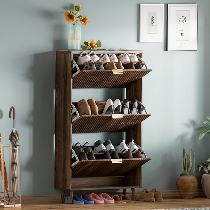 Shoe Cabinet Storage,Modern Freestanding Organizer with 3 Flip Drawers,Narrow Shoe Rack Cabinet for Entryway,Walnut