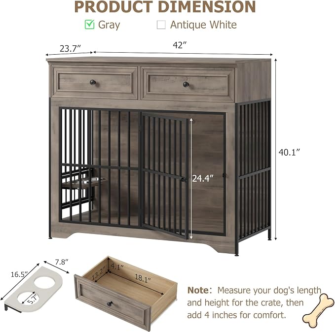 QUW 42" Modern Dog Crate Furniture, Wooden Dog Kennel, Grey | Medium to Large, 360° Rotating & 3-Levels Adjustable Height Dogs Bowl Holder, Decorative Dogs Cage Pet House Indoor