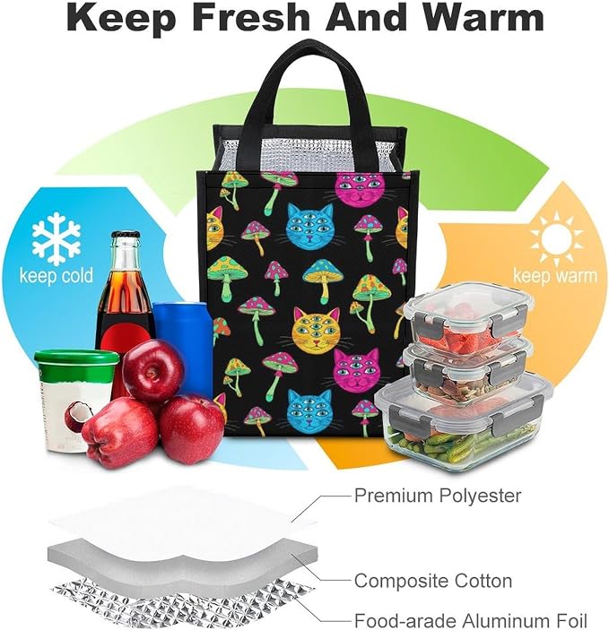 Reusable Insulated Lunch Bag Thermal Food Containers Organizer Lunch Cooler Totes Compatible with Halloween Trippy Eyes Black Cat Mushrooms Lunchbox for Picnic Office