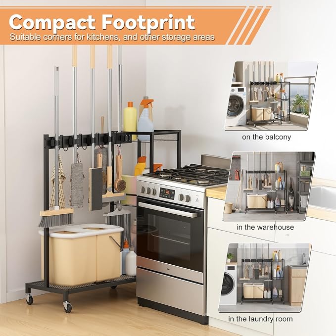 Cleaning Carts on Wheels, Rolling Broom Holder & Cleaning Supplies Organizer with 3-Tier Storage Shelf, Space Saving Janitorial Housekeeping Rack with Hanger for Home & Commercial Use Black