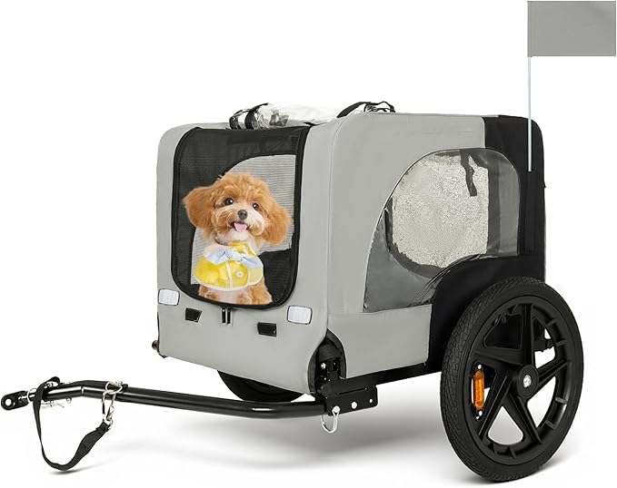 KEIKI Dog Bike Trailer with Built-in Leash, Pet Stroller Cart Bicycle Carrier, Easy Folding Cart Frame with Front Caster & 16" All-Terrain Wheels & Universal Hitch, Supports up to 66 lbs