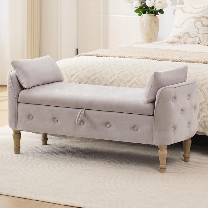 End of Bed Storage Bench Queen Size,51" Upholstered Bedroom Bench,Khaki | Linen Storage Bench for Bedroom End of Bed ,2 Cushion, Vintage Wood Legs ,Tufted,Storage Ottoman Bench for Entryway Window