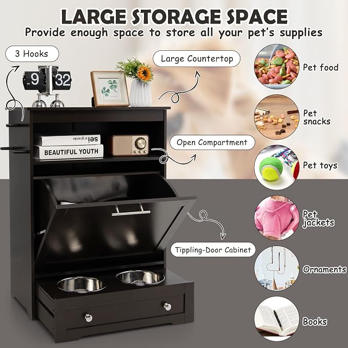 Dog Feeding Station with Double Bowls, Large Pull Out Dog Feeder & Food Storage (Brown)