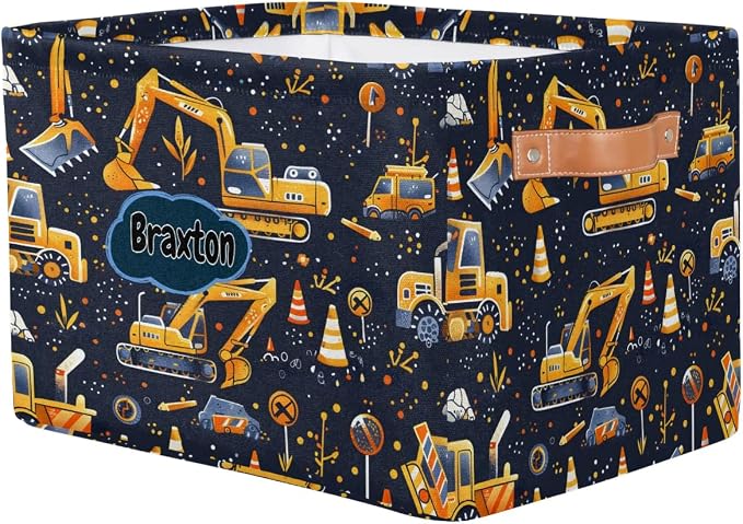 Custom Rectangular Baby Storage Basket, Kids Toys Bin, Books Shelf Basket, Clothes Towel Storage Bin for Nursery, Gift Basket, Pet Basket, Excavator Work Zone Construction