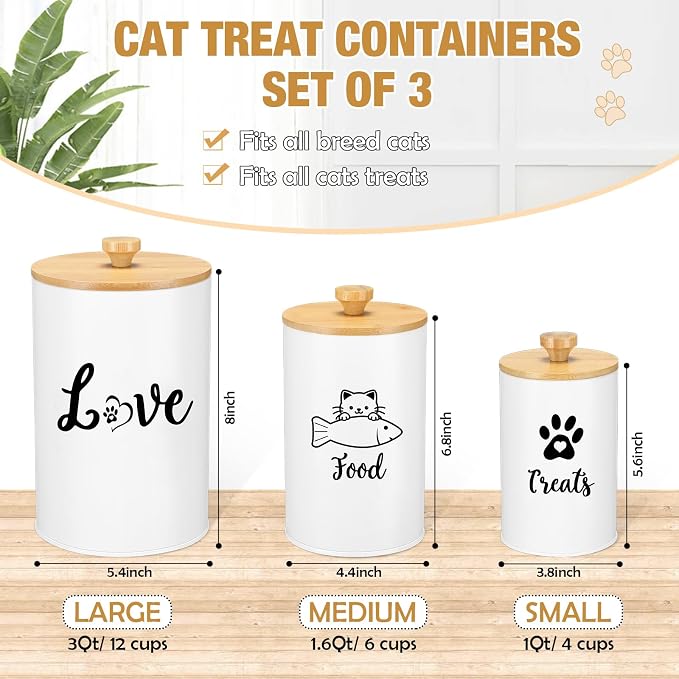 Reallnaive Metal Airtight Cat Treat Container Set of 3 with Bamboo Lids and Spoon Cat Food Storage Container with DIY Labels Pen Pet Cookie Snack Food Storage Organizer Jars for Kitchen Counter(White)