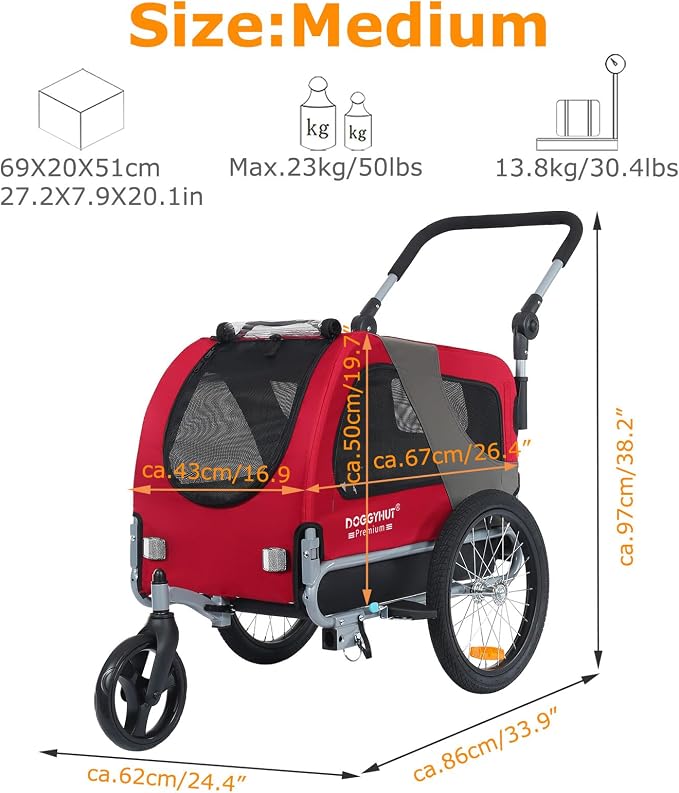 DOGGYHUT® Premium Medium Pet Bike Trailer & Stroller Up to 50 lbs (Red) | Bicycle Trailer for Small or Medium Dogs, Dog Bicycle Carrier, Low Center of Gravity, Folding Frame Cart