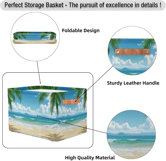 Summer Beach Palm Trees Storage Boxes Theme Storage Nursery Baskets with Handle Closet Collapsible Organizer Shelf Bins for Book Cloth 15 X 11 X 9.5 IN