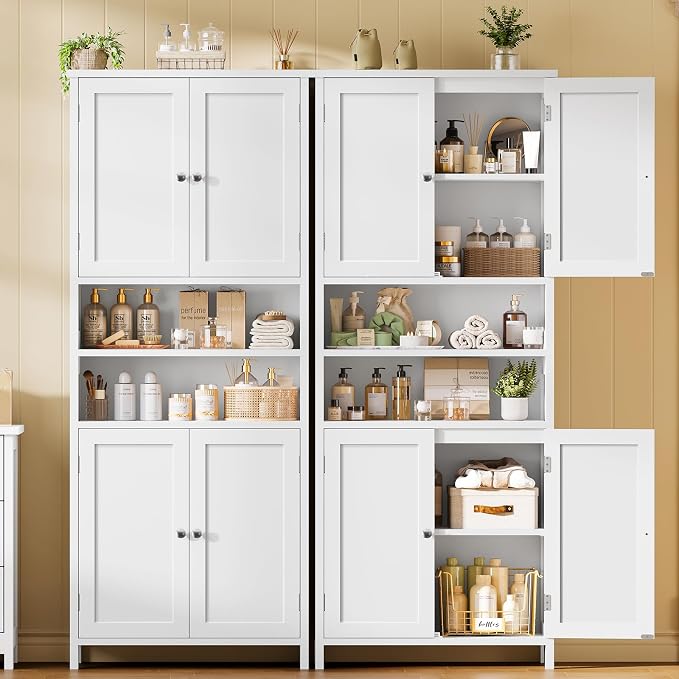 TEENFON 66.9" H Tall Bathroom Storage Cabinet with 4 Doors & 2 Open Shelves | Bathroom Cabinet with Adjustable Shelves, Large Capacity Cabinet for Kitchen, Living Room, Entryway, Laundry & Pantry, White
