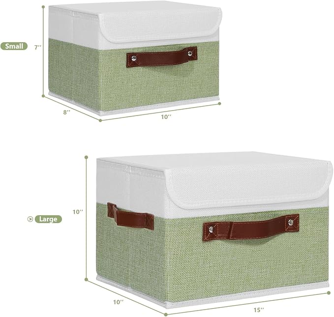 ANMINY Fabric Storage Box Bins with Lids, Green White, 15"x10"x10" | Keepsake Memory Storage, Cotton Linen, PP Board Reinforced, Washable, PU Handles, Foldable & Stackable, Decorative, Large