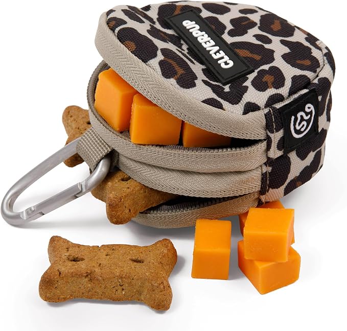 Cleverpup Snackpack Double Insulated Dog Treat Pouch – 1.5 Cup, 2 Pockets – Leopard