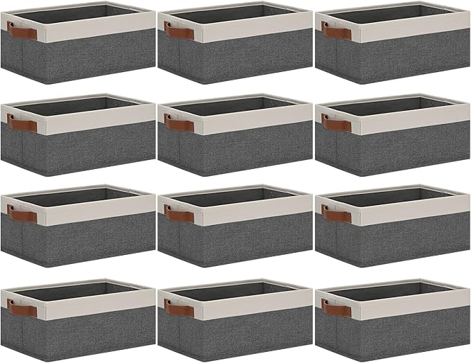 GhvyenntteS Small Fabric Storage Bins 12 Pack, Storage Basket with Leather Handles, Closet Storage Bins for Shelves, Storage Baskets for Shelves, Home, Office (Grey/White, 11.8" x 7.87" x 5.11")