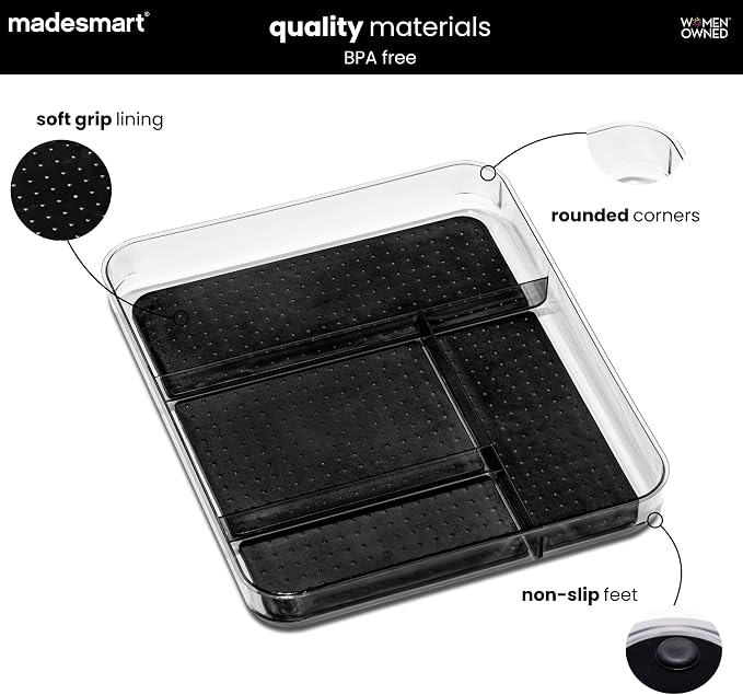 madesmart Clear 4 Compartment Drawer Organizer, Carbon | non slip feet, rounded corners, see through design, soft grip base, open sections, cords tech accessories, woman owned