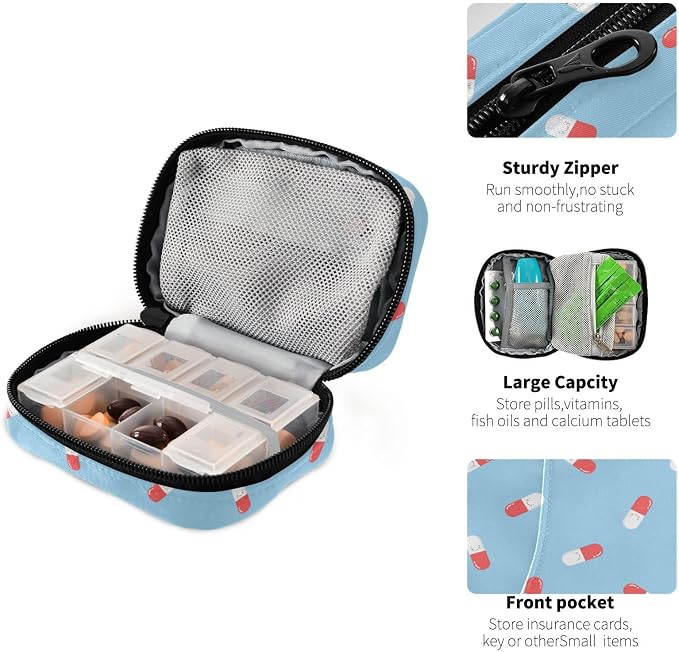 Ollabaky Cute Pills and Capsules Pill Organizer Travel Pill Cases Bag Portable Pill Container 7 Days Pill Box Organizer Vitamin Supplement Holder with Zipper for Family Business